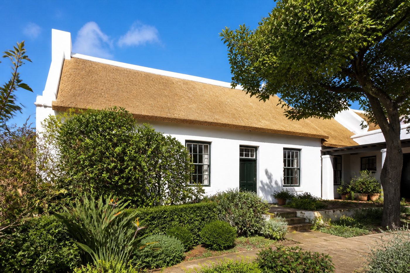 Neatly repaired and combed Cape reed thatch roof on a Western Cape home after completion