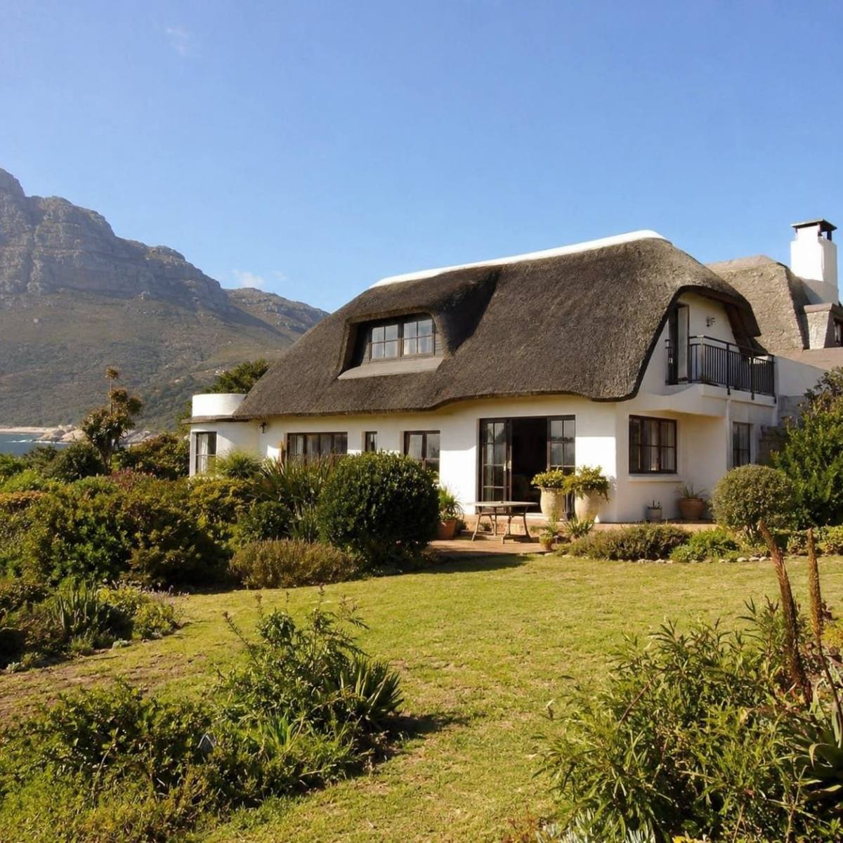 Hero photo: sweeping Cape reed thatch roof over a Cape Dutch home at golden hour, finished by BC Thatchers